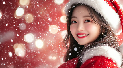Joyful woman in Santa hat smiles amid falling snowflakes, celebrating the festive holiday season with a warm, inviting atmosphere.