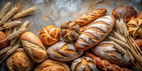 Assorted freshly baked breads and wheat on a textured surface, ideal for food and bakery themes