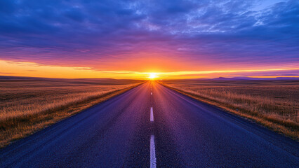 Naklejka premium Driving on an empty asphalt road towards the sunset.