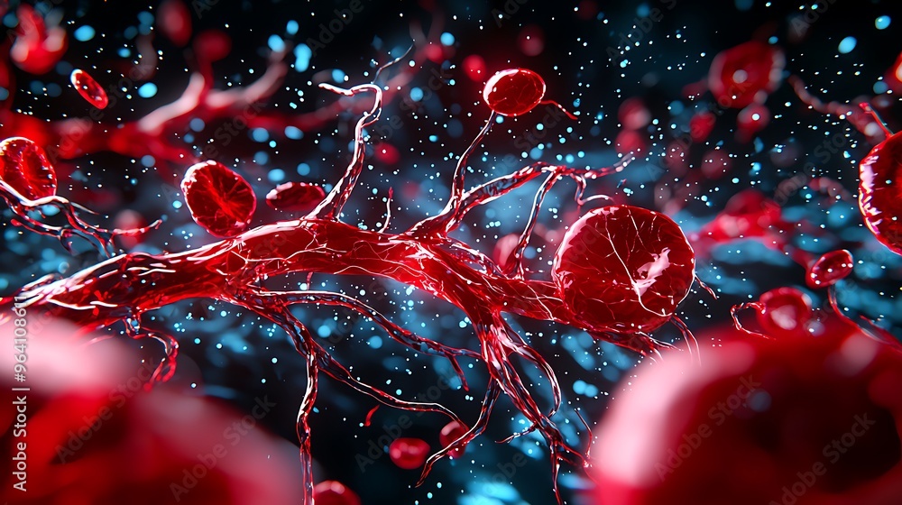 Poster an abstract 3d render of red blood cells flowing dynamically through veins.