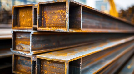Stacked Steel Beams in Industrial Setting