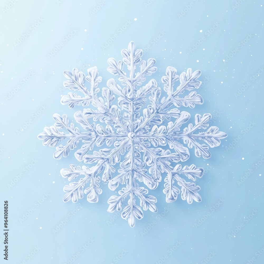 Poster an illustration of a snowflake with intricate details, layered over a gradient blue background with 
