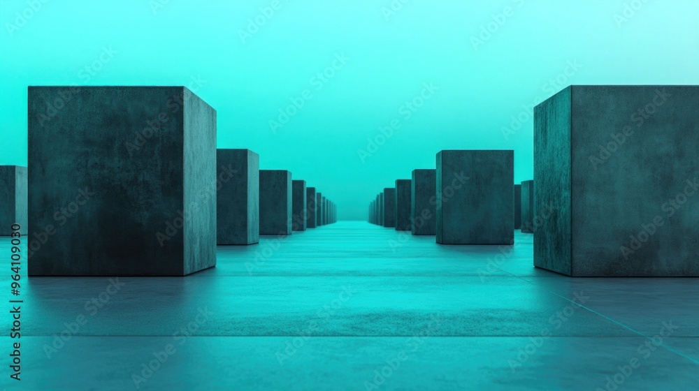 Poster symmetrical concrete cubes are arranged in a linear pattern, bathed in a soft turquoise glow, creati