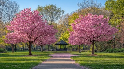 Naklejka premium Serene Spring Blossoms: Fantastical Cherry Blossom Trees in Full Bloom under Clear Sky