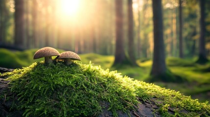 Two mushrooms emerge from lush green moss in a peaceful forest, illuminated by warm sunlight filtering through tall trees during the morning. The environment feels fresh and alive