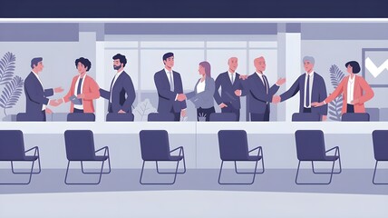 Business professionals engaging in a handshake at a corporate meeting, showcasing teamwork and collaboration in a modern office.