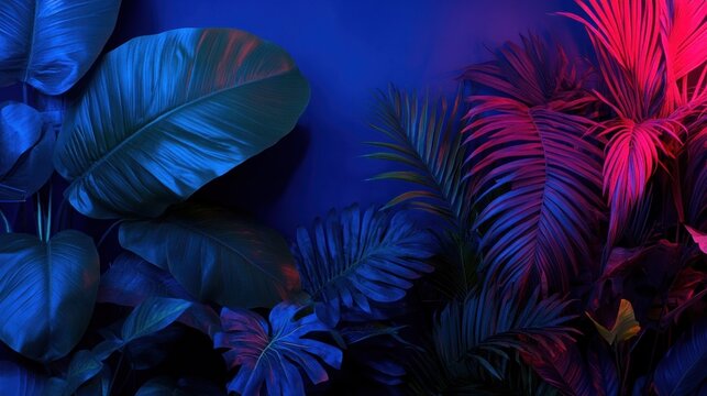 Lush tropical foliage in various shades of green is set against a darker backdrop, enhanced by vibrant blue and pink lighting that creates an artistic ambiance