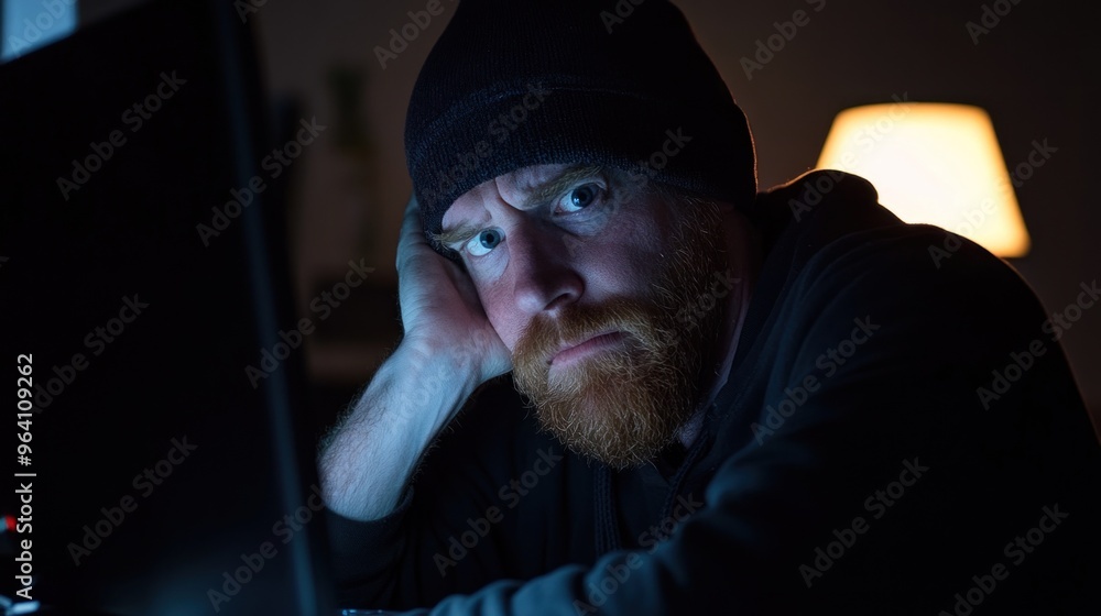 Poster a person with a beard is intently staring at a computer screen in a dark, cozy space illuminated by 
