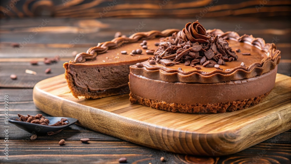 Aufkleber close up of a decadent chocolate mousse pie on a wooden cutting board with chocolate shavings on top