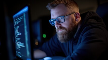 A dedicated programmer sits intently at a computer, scrutinizing lines of code on the monitor, surrounded by a dark, atmospheric workspace illuminated by the screen's glow