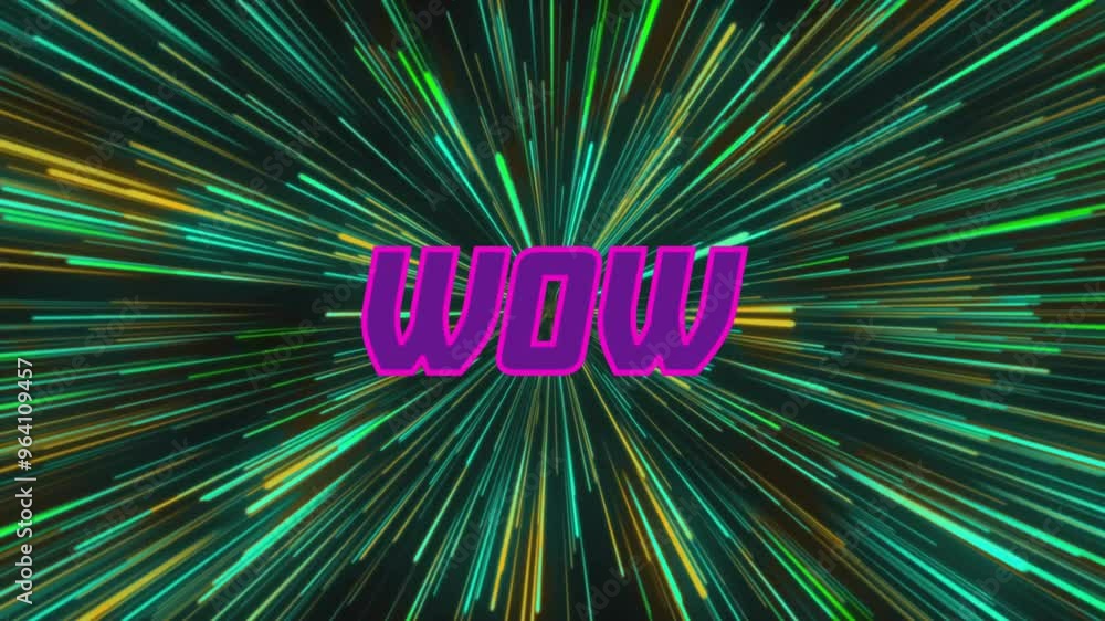 Aufkleber animation of wow text over light trails on black background