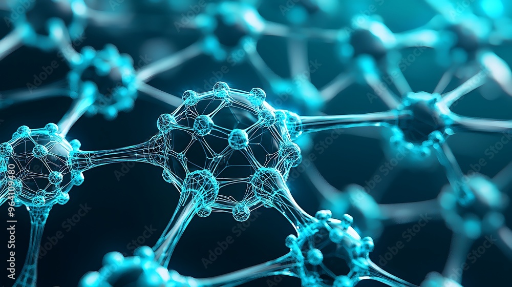 Poster a 3d rendering of a blue molecular structure, a web of connected dots and lines.