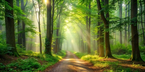 Obraz premium Serene misty forest trail with lush greenery and sunlight peeking through the trees