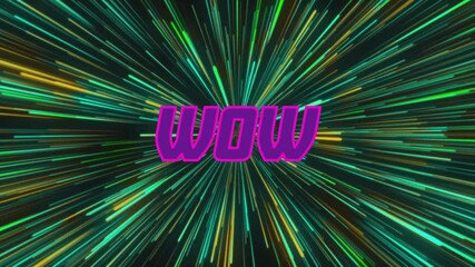 Animation of wow text over light trails on black background - Powered by Adobe