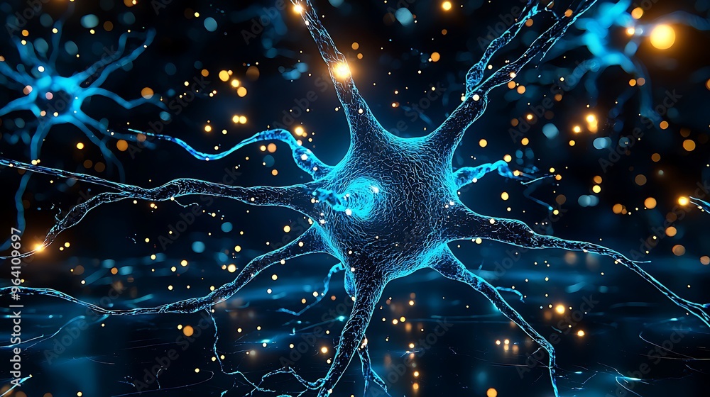 Poster a glowing network of blue neuron cells set against a softly blurred bokeh background.