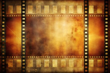 Vintage filmstrip with grungy orange brown background antique movie reels