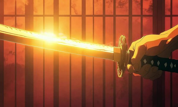 Sunset Katana Blade, anime background - 4K Video Stock of a Samurai Sword Reflecting Golden Light