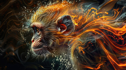 Vibrant Artistic Portrait of a Monkey with Fiery Abstract Elements and Dynamic Energy