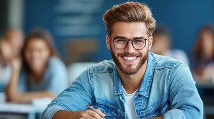 Fototapeta premium The young man, wearing a denim jacket and glasses, beams with happiness as he studies at his desk, surrounded by fellow students engaged in their own work