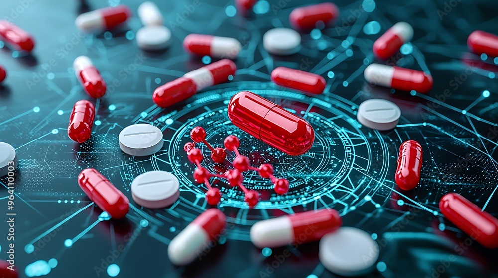 Poster red capsules displayed on a blue circuit board intertwined with molecular structures, symbolizing ad