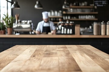 Cozy Caf? Scene with a Chef and Wooden Table
