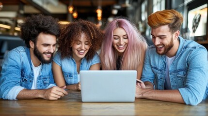 Fototapeta na wymiar A lively group of four friends share a joyful experience as they gather around a laptop in a warm cafГ©, smiling and engaged in conversation during a sunny afternoon