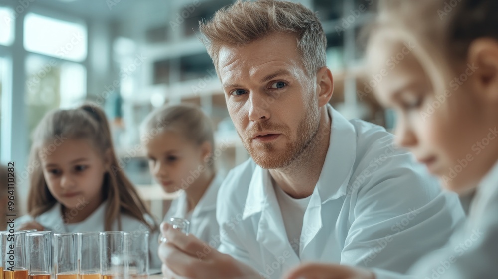 Poster a science instructor engages with a group of young learners in a laboratory, demonstrating an experi