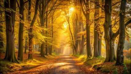 A serene path through a golden forest at sunrise