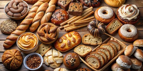 Fototapeta premium Assortment of freshly baked goods including bars, breads, cookies, cakes, pies, and muffins