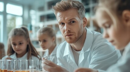 A science instructor engages with a group of young learners in a laboratory, demonstrating an experiment while students attentively participate in hands-on activities with various materials
