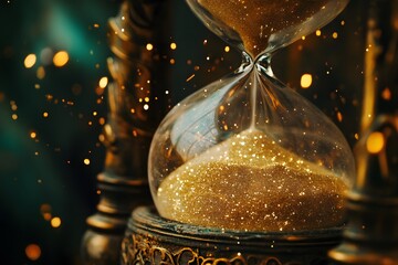 Ancient hourglass with sands that sparkle like stardust and flow in reverse