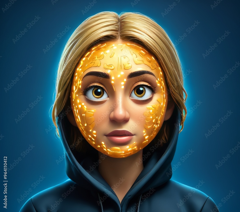 Poster a striking image of a woman with a golden coin for a face, set against a dark background. she wears 