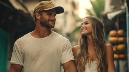 Obraz premium A couple walks hand in hand along a bustling street market, illuminated by soft afternoon sunlight, radiating happiness and connection amidst colorful surroundings