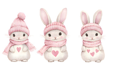 Obraz premium Cute adorable rabbit bunny collection with warm hat and scarf isolated on transparent background