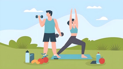 Couple exercising outdoors with dumbbells and yoga mat, promoting fitness, health, and active lifestyle in a vibrant nature setting.