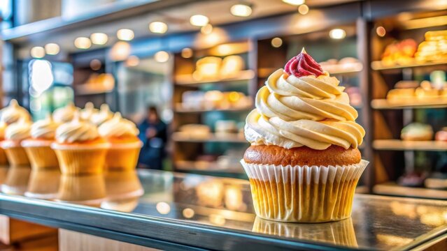 Delicious and tempting cupcake on display in a bakery