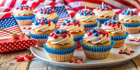 Patriotic Memorial Day themed desserts and baked goods with creative decorations and copy space for text