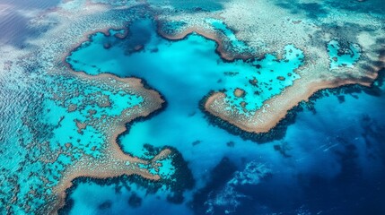 Aerial view of the Great Barrier Reef, showing the vibrant turquoise waters and intricate coral formations.