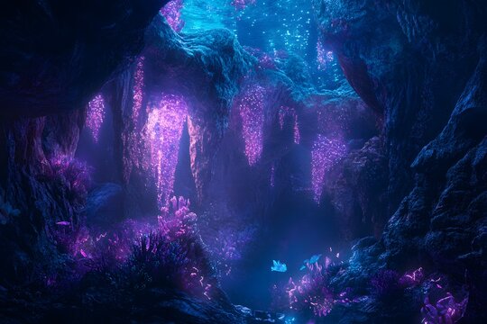 Underwater cavern with walls covered in glowing, iridescent coral and bioluminescent plants