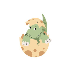 Cute cartoon dinosaur in eggshell on white background. Ancient lizard in flat style. Baby dino illustration for design of clothes, wallpaper, greeting cards, etc