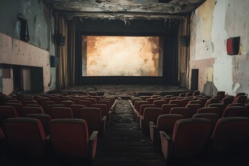 Post-apocalyptic cinema, its screen torn and faded, with rows of empty, dusty seats