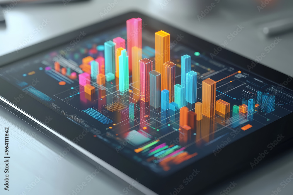 Aufkleber a tablet showcases vibrant bar graphs illustrating data trends and analysis in a sleek workspace. th