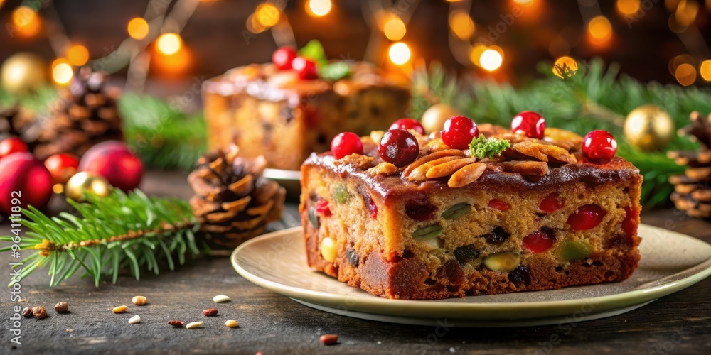 Poster a festive fruitcake with glace cherries and nuts on a blurred christmas party background with copy s
