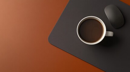 Top view of a cup of coffee with a mouse and a desk mat, suggesting a streamlined work environment. No logo, no people.