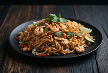 Pad Thai with Shrimp, Cilantro, and Lime on Dark Wooden Background