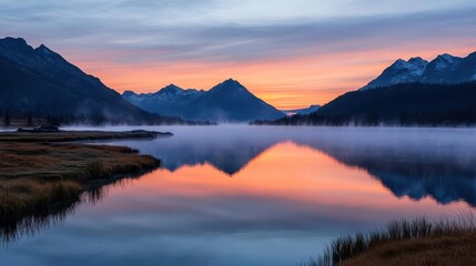 Fototapeta premium Photograph a quiet nature retreat at sunrise, as fog rolls across a glacial lake Seasonal light casts soft shadows, creating a peaceful and introspective scene