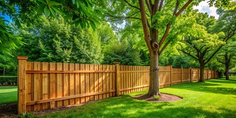 Rustic wood backyard fence surrounded by green shade trees offers privacy and security