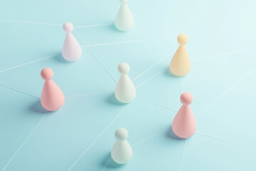 A network of pastel figurines symbolizing connection and collaboration on a soft blue background