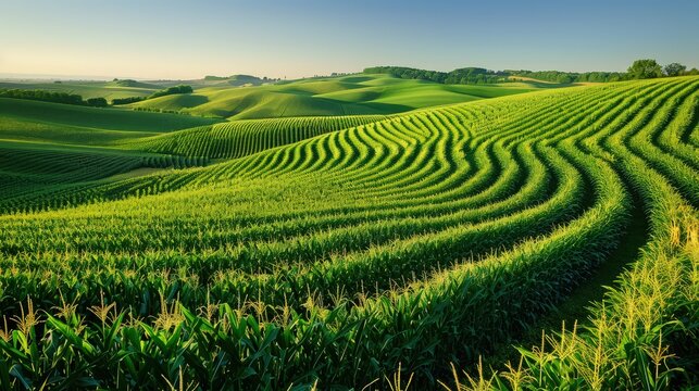 Vast stretches of lush green corn fields spread across rolling hills farmland, with rows of tall cornstalks swaying gently in the breeze under a clear blue sky.