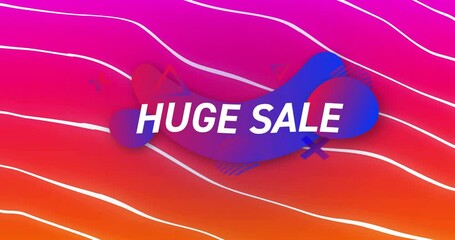Animation of huge sale text over colourful shapes and lines on pink background - Powered by Adobe